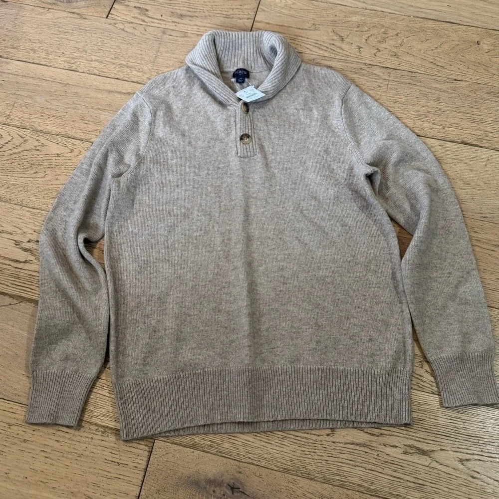 J. Crew Shawl Collar Pullover Sweater Mens Medium Beige Wool Blend Button (1340)